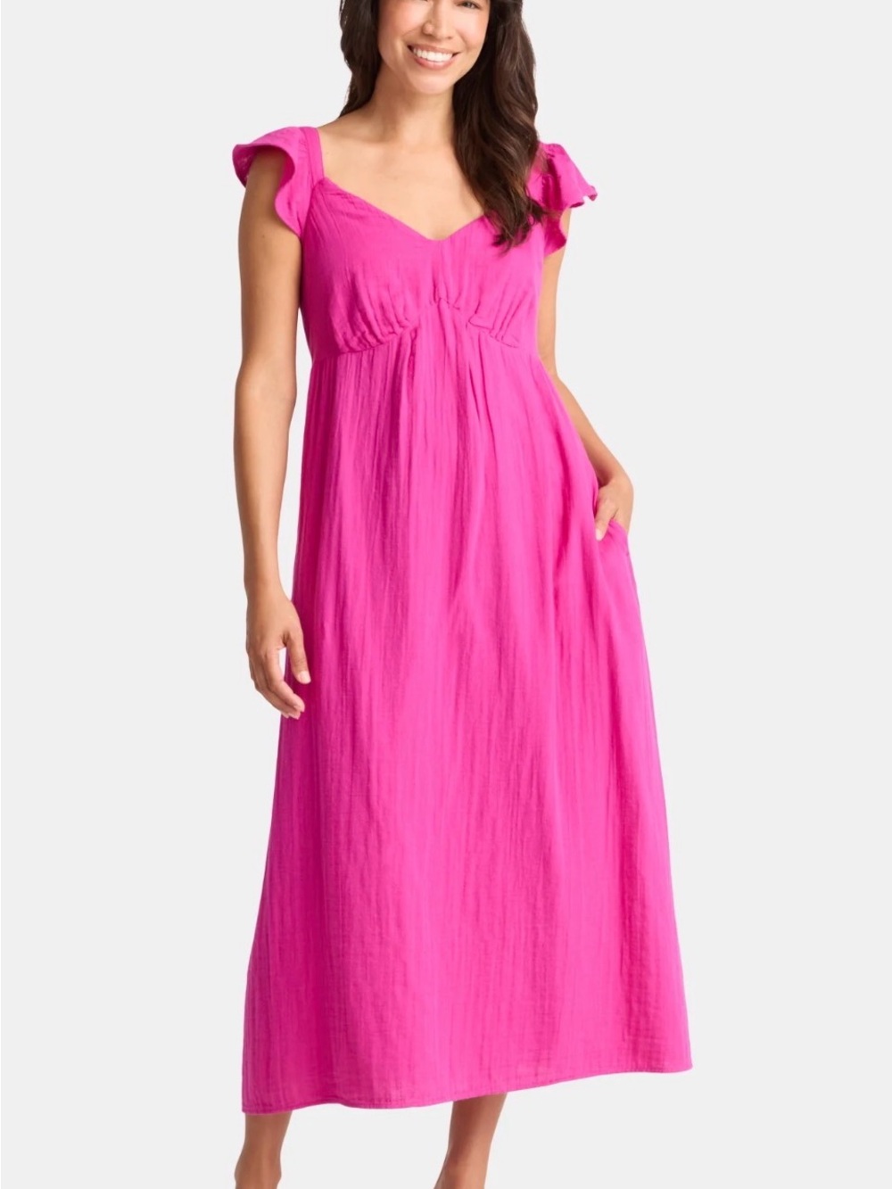 Time and Tru Bright Pink Ruffle-Sleeve Maxi Dress